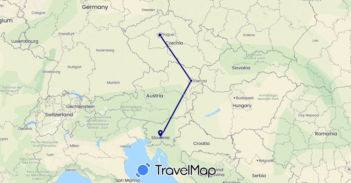 TravelMap itinerary: driving in Austria, Czech Republic, Slovenia (Europe)